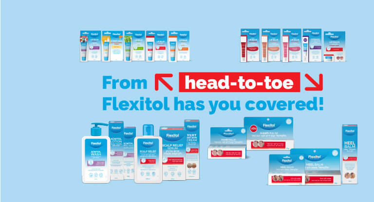Wide banner with Flexitol skincare products and “From head-to-toe Flexitol has you covered!” message
